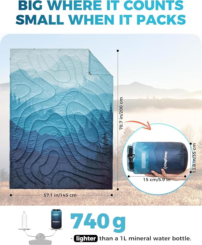 KingCamp Ultralight Camping Blanket, Packable Down Alternative Puffy Printed Wearable Blanket with Snap Buttons & Corner Loops Weatherproof Quilt for Outdoor Travel Stadium (78.7"L x 57.1”W, CYAN)