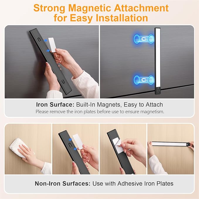 Gritin 14.7inch Under Cabinet Lighting Rechargeable 2 Pack | 3 Color Temps & 5 Brightness,Super Bright,4 Modes,Motion Sensor,Long Lasting - Easy Installation Under Closet Lights-Black
