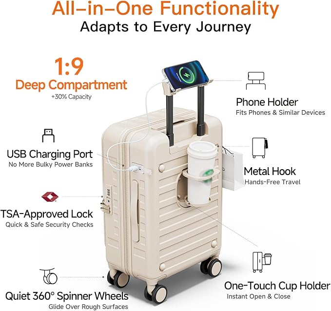 Top Opening Expandable Lightweight PC Hard Shell Suitcase, 20 Inch Carry On Luggage with TSA Lock, 360 Silent Spinner Wheels, Cup Holder, Ideal for Business Travel Suitcase (Beige)