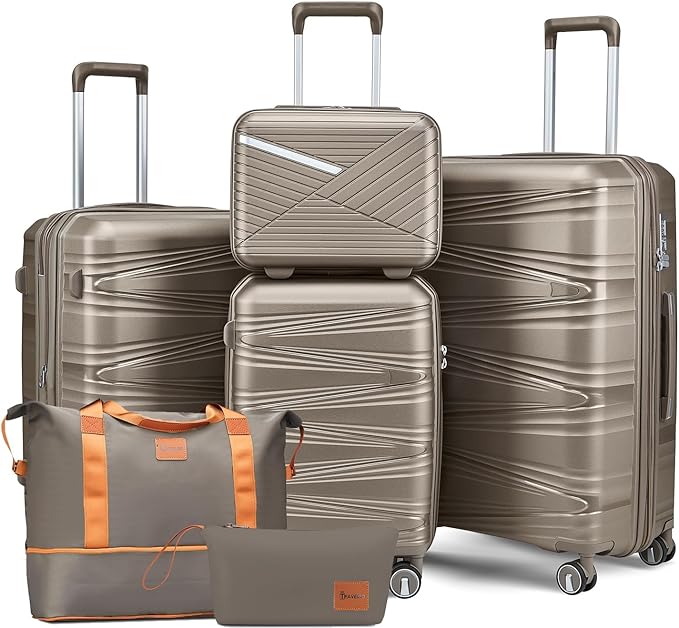 6 Piece Luggage Set PP Hardshell, Expandable Suitcase Set with Spinner Wheels (20/24/28), Includes 14" Cosmetic Case, Travel Duffel & Toiletry Bag, Lightweight TSA Lock Nested Set (Champagne)