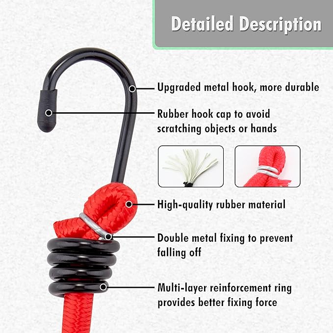 Cartman 8mm 16Pack Bungee Cords, 6pcs 32"& 10pcs 24" with Steel Hook