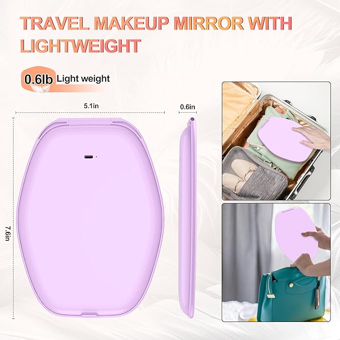 COSYGLOW Travel Makeup Mirror with Light: 3 Color Lighting Portable Mirror with Touch Screen Rechargeable Adjustable LED Lights Hexagon Vanity Mirror for Travel, Desk, Home (Purple)