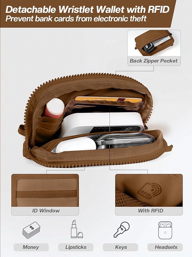 Tiostep Clip and Go Strap for Phone with Wallet Crossbody Phone Lanyard Adjustable and Detachable RFID Wristlet Wallet with ID Window and Zipper, Brown