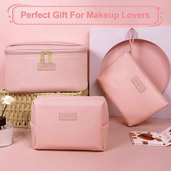 MAANGE Travel Makeup Bag - Large Makeup Bag with 2pcs Small Makeup Bag Portable Leather Cosmetic Bag Toiletry Bag Make Up Bags for Women and Girls (Pink)