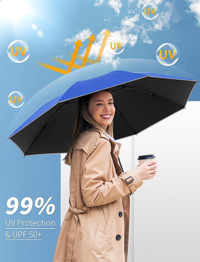 Seniny Inverted Travel Umbrella Compact - Windproof Umbrellas for Rain with Reflective Strip, Large UV Umbrella for Sun Protection, Automatic Portable Umbrellas Fold in Reverse for Car, Backpack