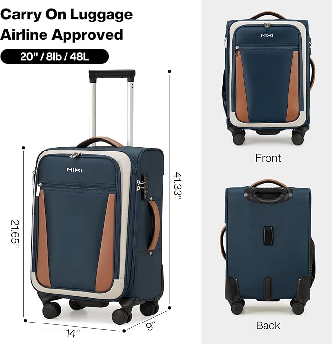 mixi Carry On Luggage 20 Inch Softside Expandable Suitcase with Front Pocket, 22x14x9 Airline Approved Rolling Lightweight Travel Suitcases with Wheels & TSA (Deep Blue-Off White)