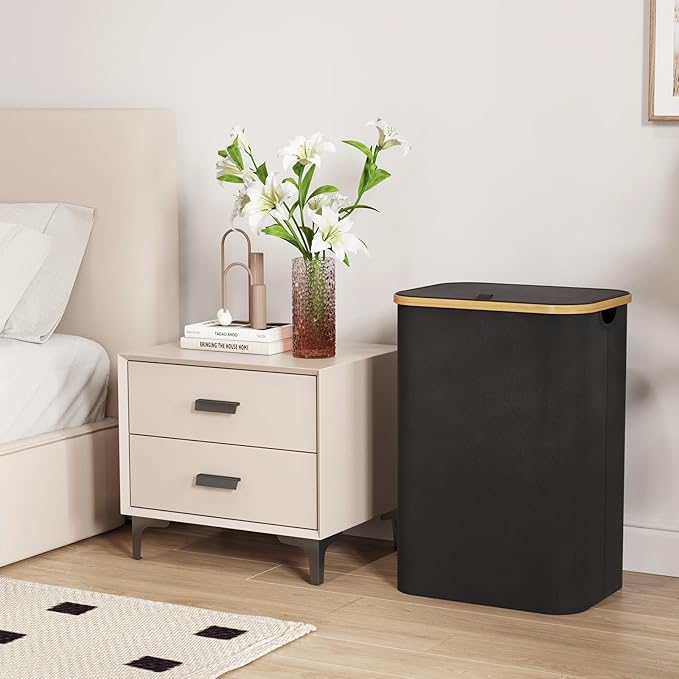 Lifewit 80L Laundry Basket with Lid, Clothes Hampers for Laundry with Bamboo Handles and 1 Removable Bag, Large Foldable Laundry Hamper for Bedroom, Bathroom, Dorm, Laundry Room, Black