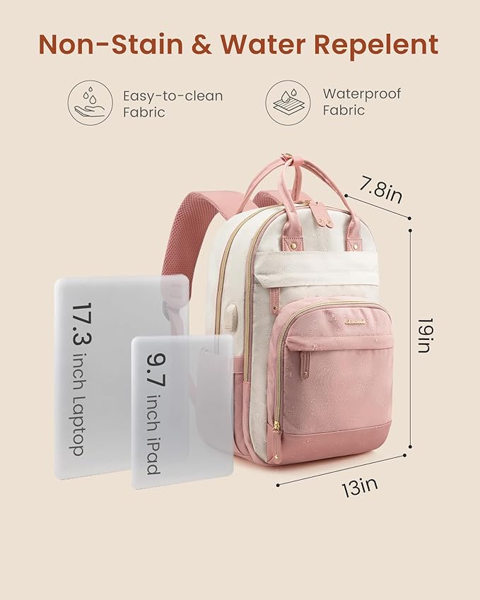 LOVEVOOK Backpack for Women,Laptop Backpack Women,Fits 17 Inch Laptop Bag,School Backpacks,Fashion Travel Work Anti-theft Bag,Waterproof Business Computer College Backpack Purse,Beige-Pink-Pink
