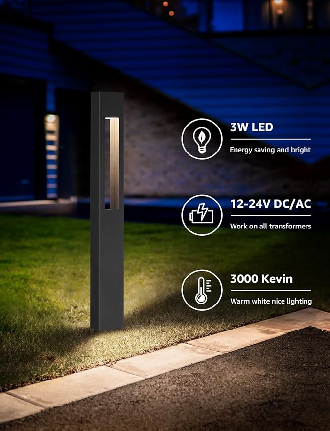 SUNVIE 3W LED Low Voltage Landscape Pathway Lights 3000K Black, 4 Pack | IP65 Waterproof, Modern Design, Anti-Glare, 12-24V AC/DC, Aluminum, Outdoor Landscape Lighting for Walkway, with Connectors