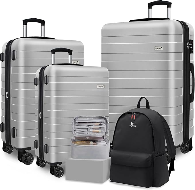 Zebra Luggage Sets 5 Piece, Lightweight Hardside Business Travel Suitcase Set with TSA Lock, Bonus Travel Backpack & Makeup Bag, 20/24/28 inch,Silver