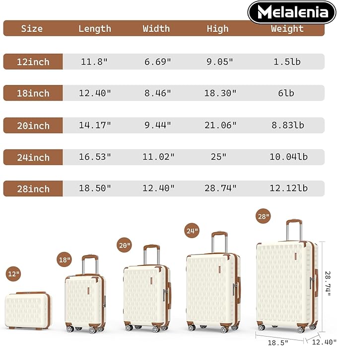 Melalenia Luggage Sets 7 Piece Hard Shell Carry on Suitcase with Spinner Wheels and TSA Lock, Lightweight Travel Duffel Bag for Women, Beige Brown