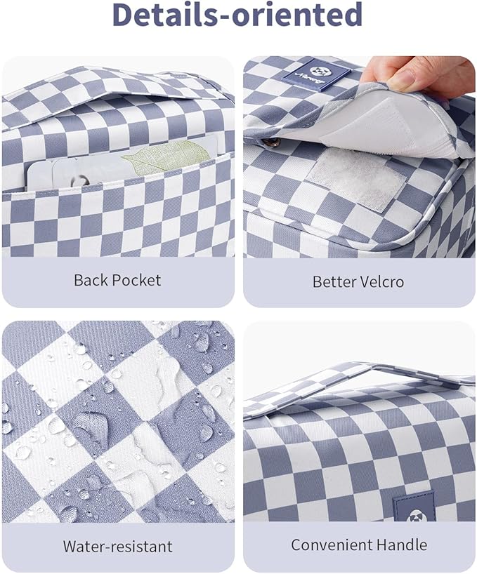 Narwey Small Hanging Travel Toiletry Bag for Traveling Women, Checkered Travel Bag for Toiletries, Makeup Bag Organizer Make Up Cosmetic Bags (Grayish Blue Checkerboard)
