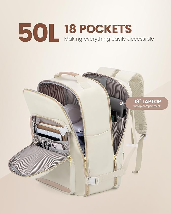 LOVEVOOK Travel Backpack for Women & Men 50L,Airline Approved Carry On Backpack Travel Essential,TSA Carry on Luggage,Waterproof Personal Item Travel Bag,Suitcase with 3 Packing Cube,Beige-Flesh beige