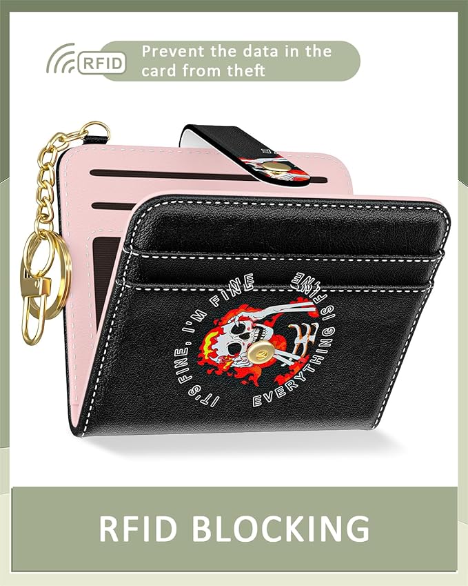 Aiawoxc Womens Wallet, RFID Small Wallets for Women, Slim Compact Credit Card Holder, Cute Leather Bifold Ladies Purse with Zipper Coin Pocket and ID Window, Skull