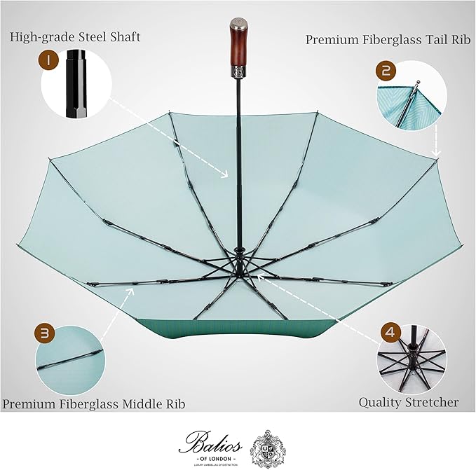 Balios (Designed in UK) Travel Umbrella Luxurious Golden Hardwood Handle Auto Open & Close Windproof Frame Single Canopy Automatic Folding Umbrella Men's & Ladies