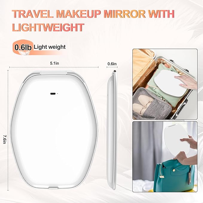 COSYGLOW Travel Makeup Mirror with Light: 3 Color Lighting Portable Mirror with Touch Screen Rechargeable Adjustable LED Lights Hexagon Vanity Mirror for Travel, Desk, Home (White)