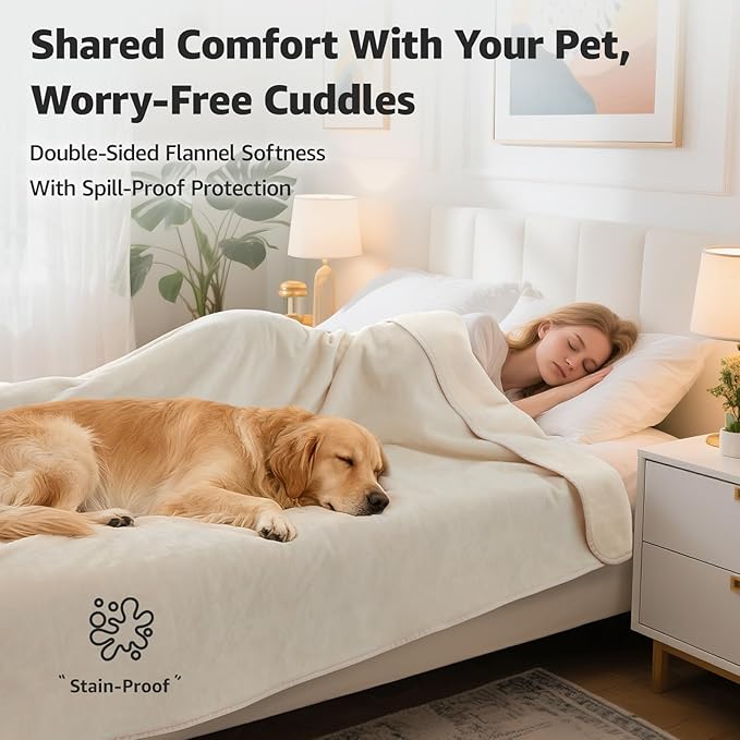 LOOBANI Waterproof Blanket for Bed: Reversible Soft Flannel Twin Bed Blanket 60" x 80", Leakproof Throw Spill-Proof Dog Pet Blanket for Couch, Sofa Protect, Movie Time, Camping, Travel, Beige
