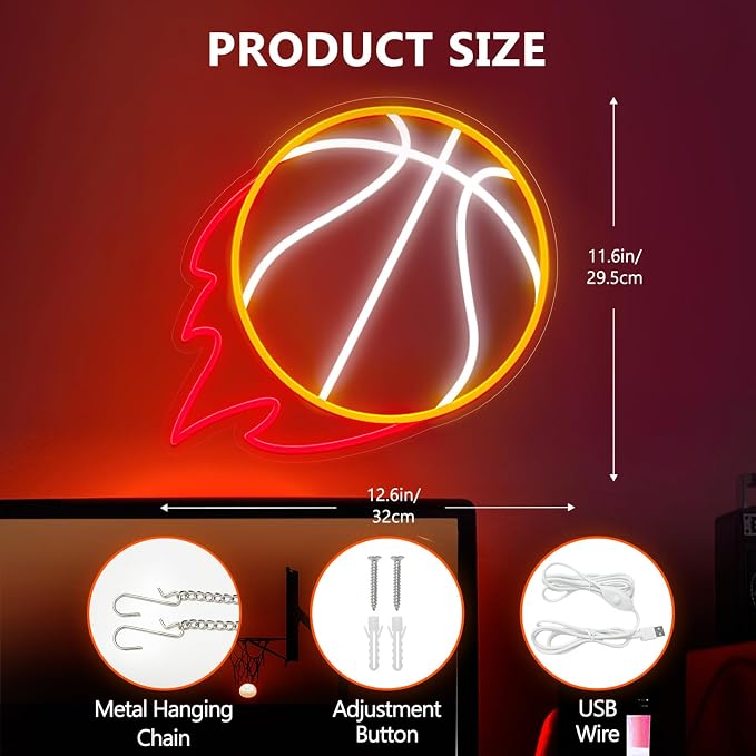 Basketball Neon Sign, 12.6×11.6 Inch Basketball Led Neon Light, Dimmable LED Neon Signs for Wall Decor, Wall Decor Aesthetic, Sports Neon Signs for Room Bedroom Shop Decor, Gift for Christmas Birthday