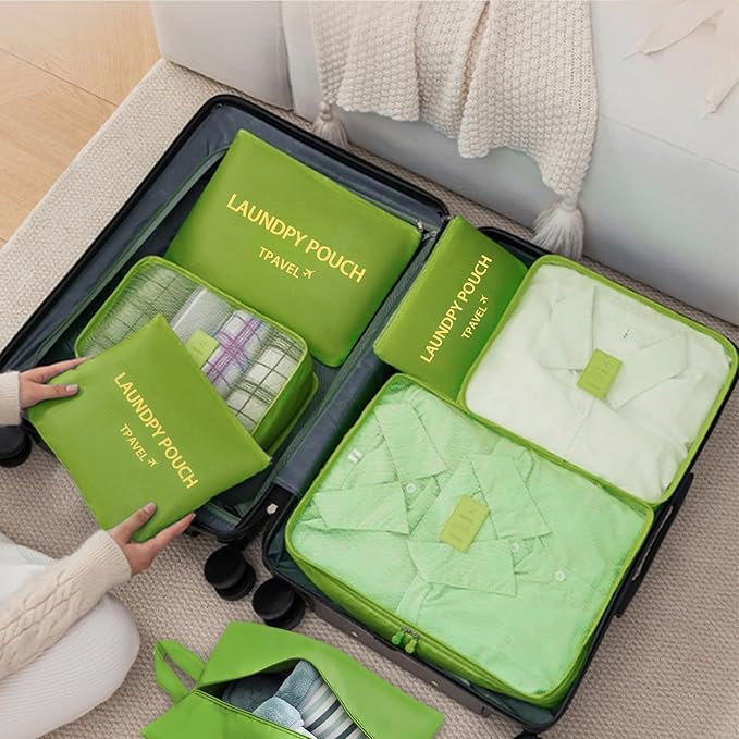 7 Set Packing Cubes for Travel Luggage Packing Bags Reusable Waterproof Suitcase Organizer Bags Set with Shoe Bag and Toiletry Bag (Green)