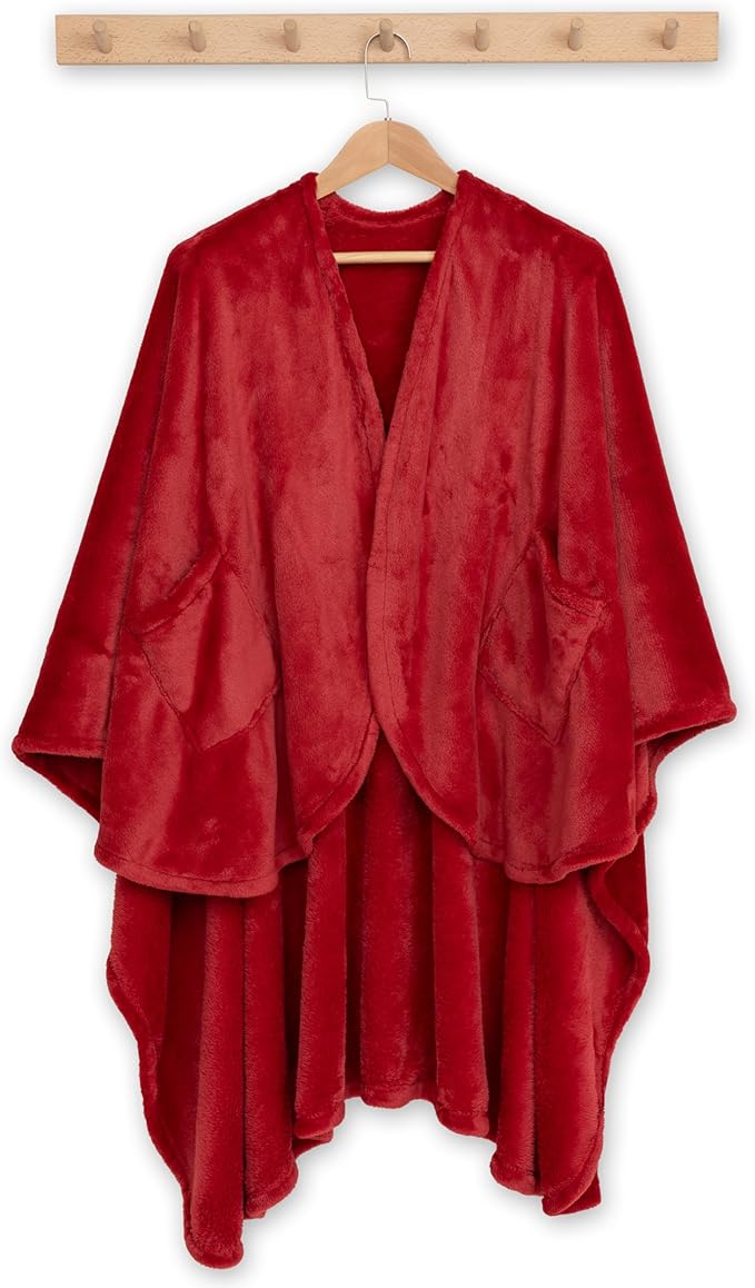 Berkshire Blanket Primalush™ Wearable Blanket, Cozy Loungewear Pocketed Plush Cape Wrap for Adults & Teens(Chili, One Size 58"X64")