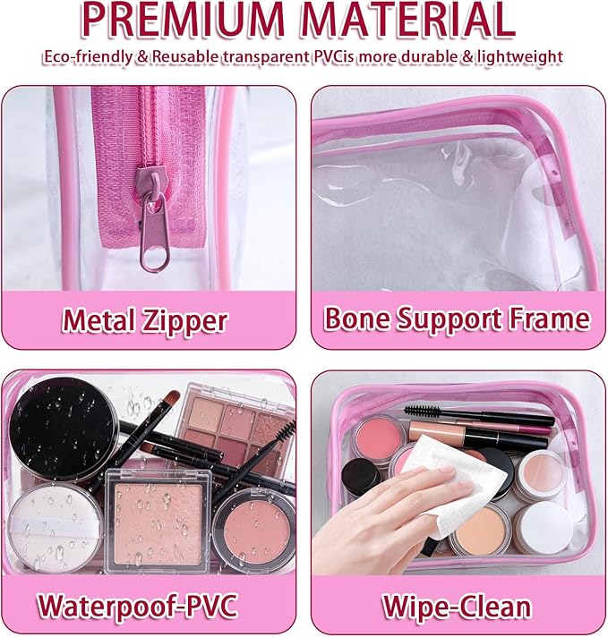 12 Pieces Clear Makeup Bags Bulk, TSA Approved Toiletry Bag PVC Cosmetic Toiletries Pouch with Zipper, Waterproof Vinyl Plastic Organizer Case for Carry-on Travel Essentials (Pink Medium)