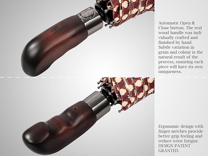 Balios Travel Folding Umbrella with Real Wood Handle Auto Open Close Vented Windproof Canopy - Designed in UK