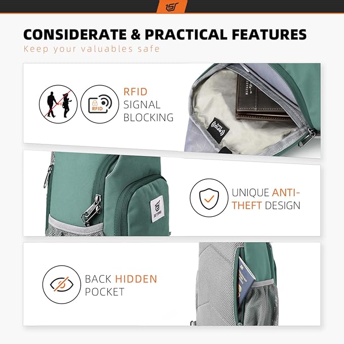 SKYSPER Sling Bag RFID Crossbody Sling Backpack Cross Body Shoulder Bag Travel Hiking Daypack for Women Men(Green)