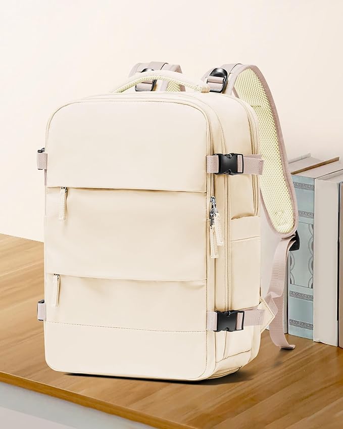 coowoz Large Casual Travel Backpack For Women Men,Carry On Rucksack Flight Approved,Hiking Waterproof Outdoor Sports Daypack Fit 15.6 Inch Laptop Shoes Compartment (Beige)