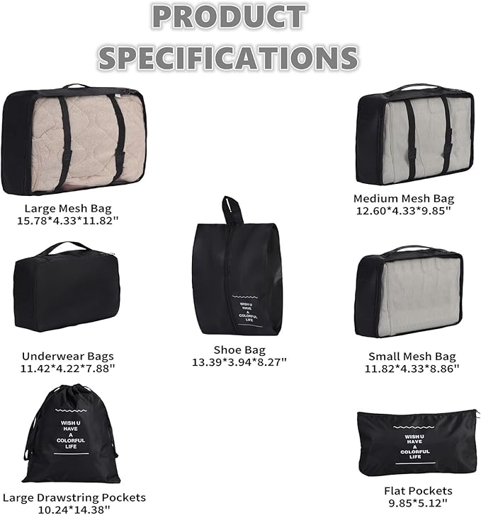 7 Set Packing Cubes for Travel Essentials, Suitcase Organizer Bags for Airplane Road Trip Camp - Black