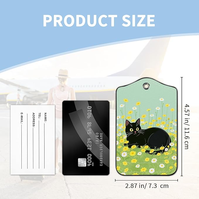 2 Pcs Luggage Tag for Suitcases, Flower Black Cat Cute PU Leather Suitcase Tag Privacy Cover ID Label with Metal Loop, Personalized Baggage Identifier for Women Cruise Bag Travel Essentials