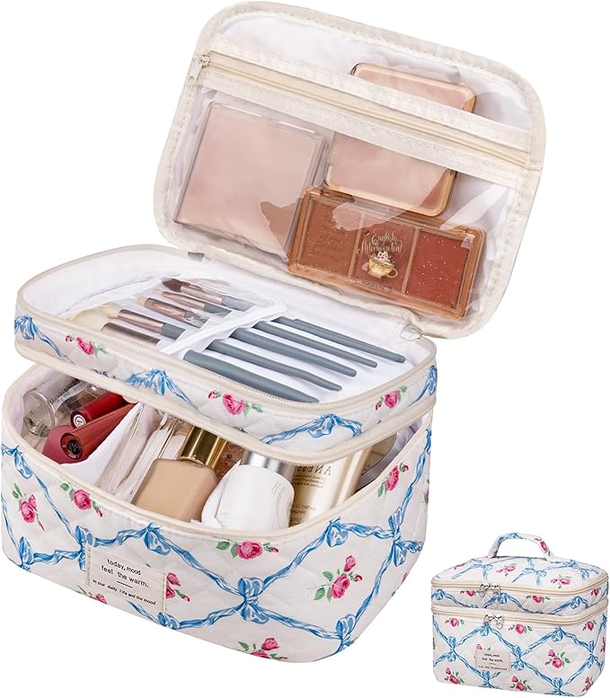 Makeup bag, Large Cosmetic Bag for Women Girls, Cute Quilted Makeup Bags, Floral Coquette Aesthetic Toiletry Bag, Travel Make Up Organizer Bag (Blue Bow)