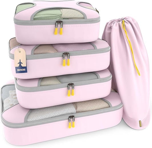 Shacke Packing Cubes for Travel 5 Set - Compression Luggage Organizer Bags - Versatile Travel Organizer for Women and Men - Optimized Packing Bags - Travel Essentials (Petal Pink)