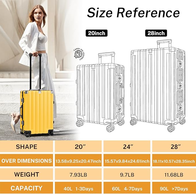 Krute Carry On Luggage 20 inch Aluminum Frame Luggage with Spinner Wheels Hardshell No Zipper PC+ABS TSA Lock Zipperless Suitcases