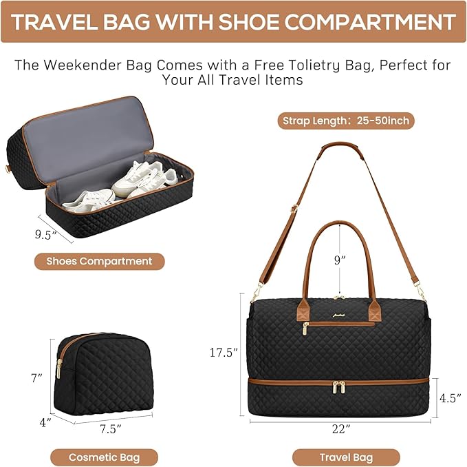 Travel Weekender Duffle Bags for Women - Large Carry On Bag with Shoe Compartment Overnight Bag with Toiletry Bag Duffel Bags with Wet Pocket for Gym Hospital Bags for Labor and Delivery Black Brown