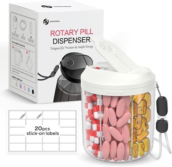 Pill Dispenser with 7 Large Compartments, 4.4" H x 3.6" Dia Pill Bottle Organizer for Travel, Supplement Organizer with Anti-Mixing Design, BPA-Free Pill Container with 20 Pcs Labels, Beige