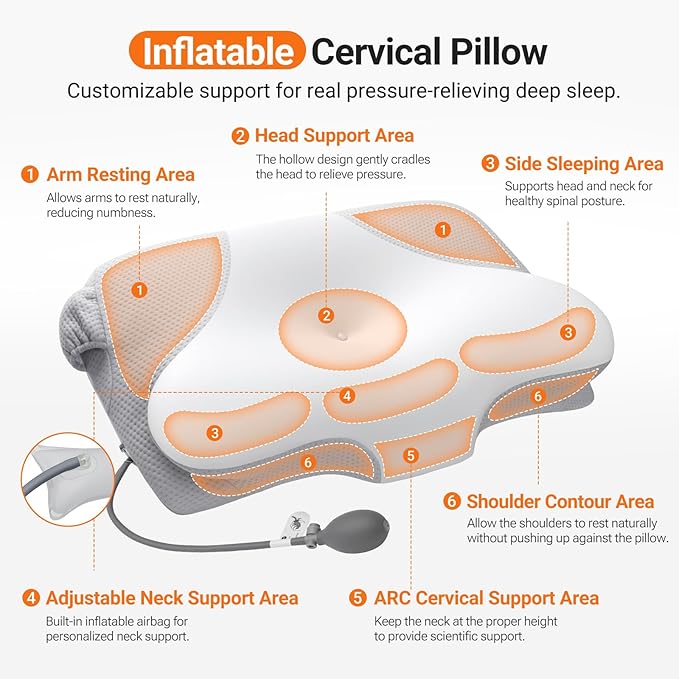 Inflatable Cervical Neck Pillow for Sleeping with Adjustable Support, Ergonomic Memory Foam Cloud Pillow, Neck Support Pillow for Back, Side & Stomach Sleepers, Posture Pillow with Ice Silk Pillowcase