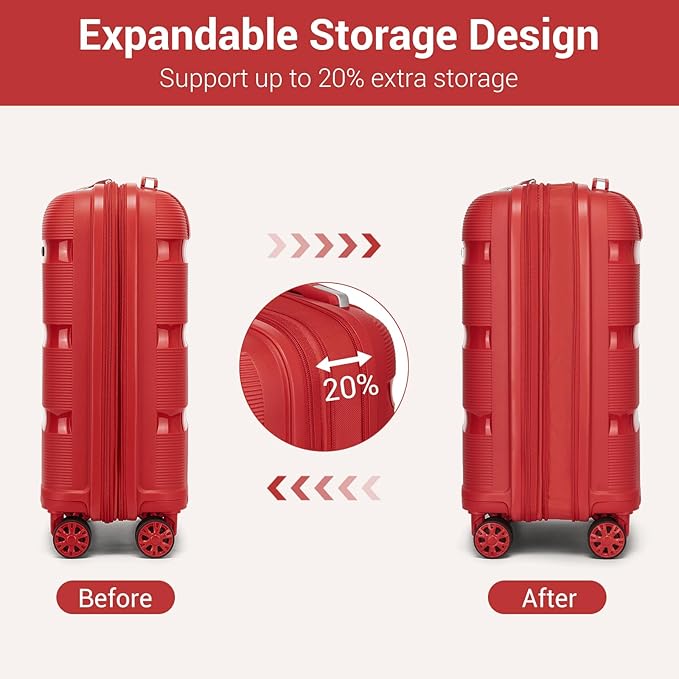 Kono Carry On Luggage 20 Inch Expandable 22x14x9 Airline Approved Hard Shell Travel Trolley 4 Spinner Wheels Lightweight Polypropylene Suitcase with TSA Lock, Red