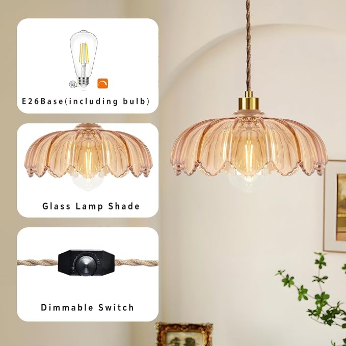 QIYIZM Plug in Pendant Light Hanging Lights with in Cord Mid Century Modern Gold Hanging Lamp Flower Glass Amber Vintage Dimmable Chandelier Ceiling Fixture for Living Room,Kitchen,Boho