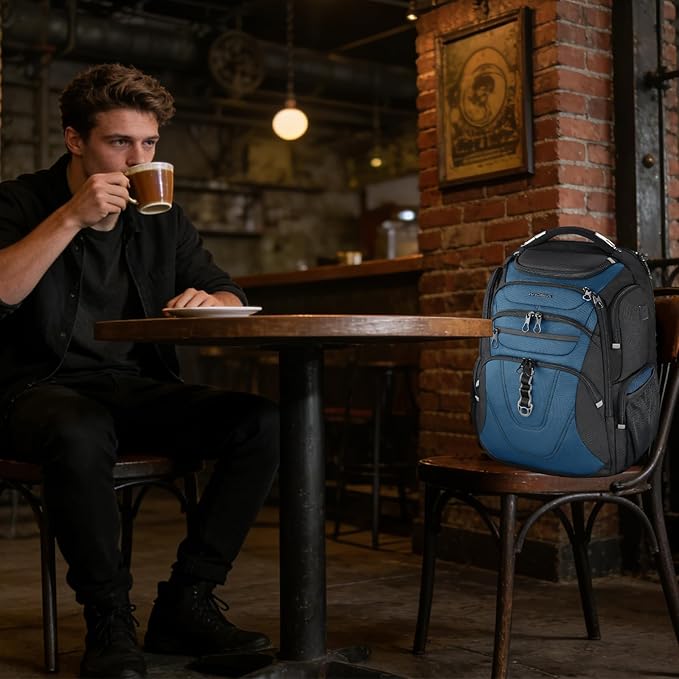 KROSER Friendly Travel Laptop Backpack 18.4 inch XXXL Gaming Backpack Water-Repellent College Daypack Business Backpack with RFID Pockets & USB Port for Men/Women-Black/Haze Blue