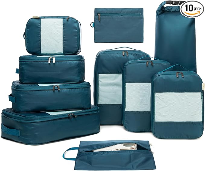 10-Pack Large Compression Packing Cubes for Travel - Lightweight Compression Packing Cube Set, Water-Resistant Luggage Organizer Bags & Suitcase Organizers, Travel Cubes for Carry-On, Checked Luggage