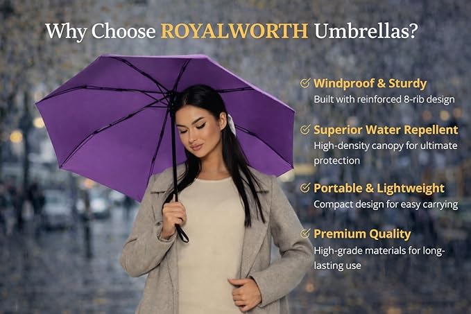 Windproof Travel Umbrella - Compact, Light, Full Automatic Open/Close - Folding Backpack Umbrella for Rain & Sun UV Preotection For Men & Women, Unbreakable 8 Fiberglass Ribs UK Design