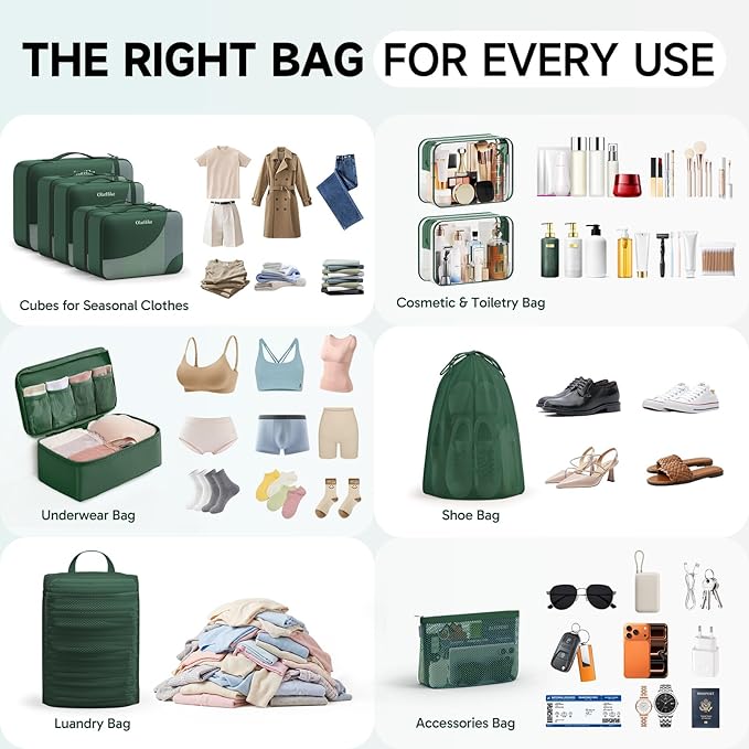 11 Set Packing Cubes for Travel, Gifts for Women Mom Kids, TSA Approved Bags for Makeup, Cosmetic, Toiletry, Suitcase Organizers for Checked Luggage, Cruise Essentials,Airplane Accessories, Dark Green