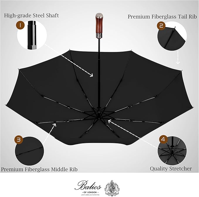 Balios (Designed in UK) Travel Umbrella Luxurious Golden Hardwood Handle Auto Open & Close Windproof Frame Single Canopy Automatic Folding Umbrella Men's & Ladies