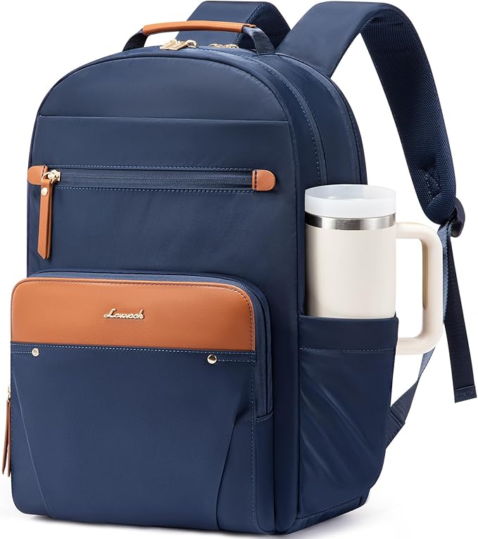 LOVEVOOK Laptop Backpack for Women with Leather Trim & Tumbler Pockets, 15.6" Work Backpack Purse, Travel Personal Item Bag, Carry On Business Computer Bag for Office, School, or Gift, Lustrous Indigo