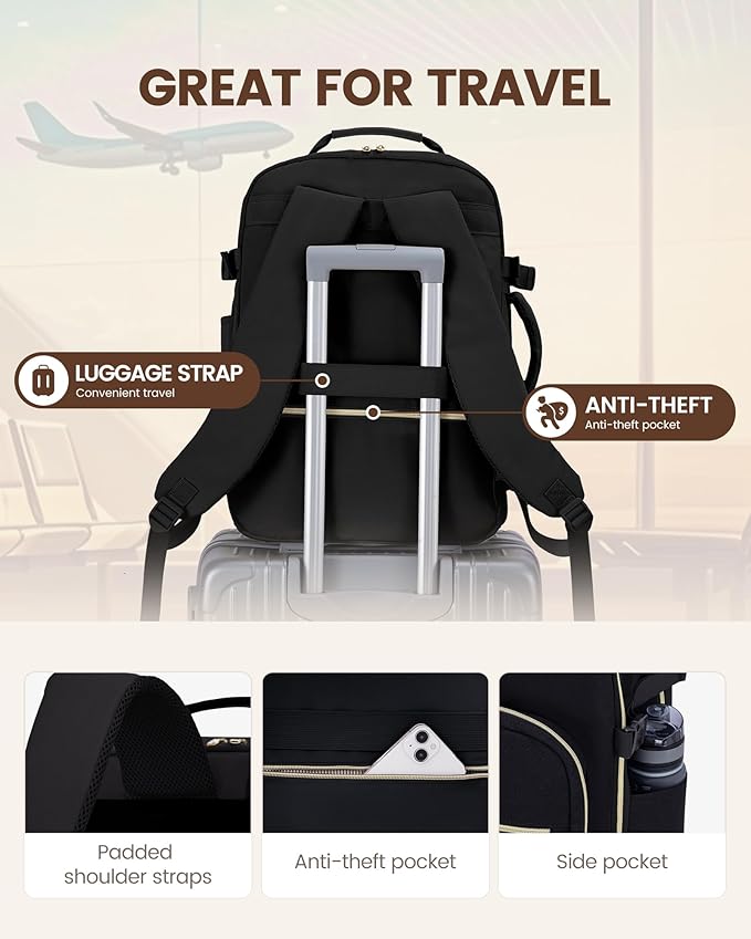 LOVEVOOK Travel Backpack for Women & Men 50L,Airline Approved Carry On Backpack Travel Essentials,TSA Carry on Luggage,Waterproof Personal Item Travel Bag,Suitcase with 3 Packing Cubes,Black-Black
