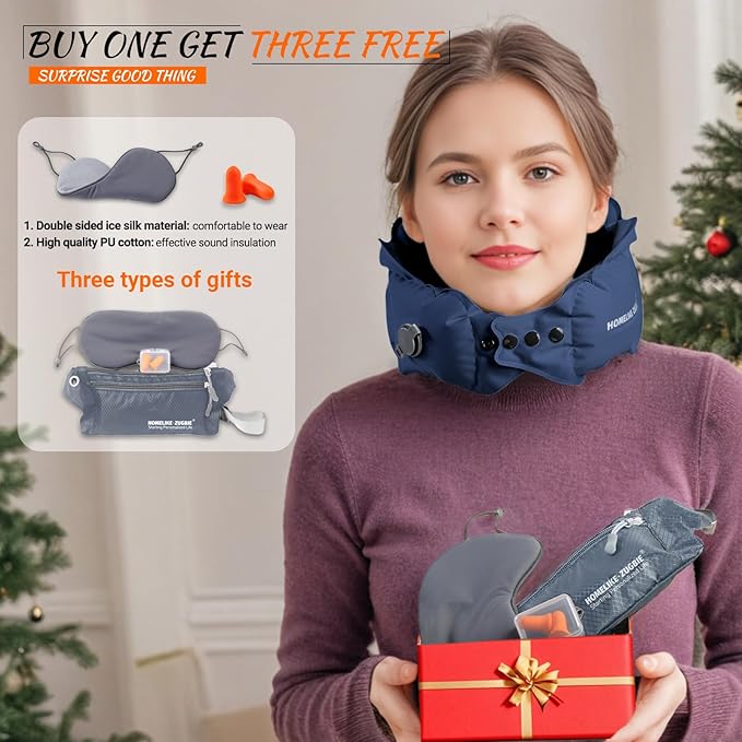 Inflatable Travel Pillow for Airplane, Inflatable Neck Pillow Airplane for Travel Office Nap Neck Support, Buy 1 Get 3 Professional Sleeping Eye Mask and Highly Silent-Navy Blue