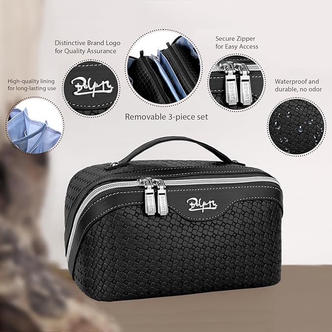 BOYATU Travel Makeup Bag Cosmetic Bags for Women: Large Capacity 3 Pcs Set Make up Bag with Compartments - Waterproof Vegan Leather Toiletry Organizer Bags with Handle (L15 Black)