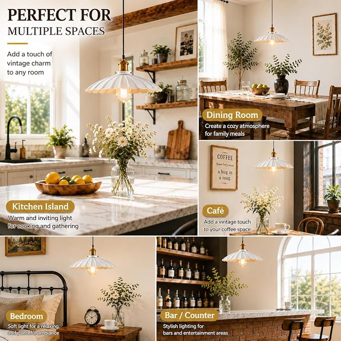 Plug in Pendant Light 13.8 Inch White Round Metal Shade Vintage Hanging Lamp Plug in 13Ft Adjustable Dome Industrial Hanging Plug in Light for Living Room 2Pack