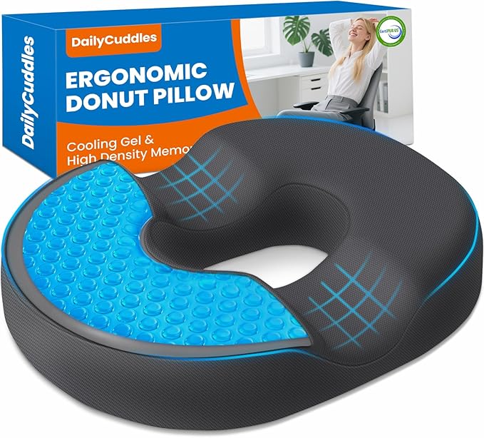 Donut Pillow for Tailbone Pain, Hemorrhoids - Cooling Gel Memory Foam Chair Seat Cushion for Office, Home & Wheelchair, Ergonomic Chair Pad for Pregnancy, Sciatica, Coccyx (Large, Grey)