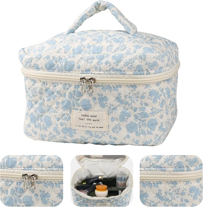 Cute Makeup Bag for Women(2 Pcs), Travel Cosmetic Bags, Quilted Coquette Aesthetic Floral Toiletry Organizer Bag (NavyBlue Flower)